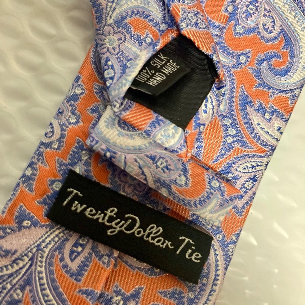 Twenty Dollar Tie, Hand Made, 100% Silk, 3.25x65,Orange/blue paisley